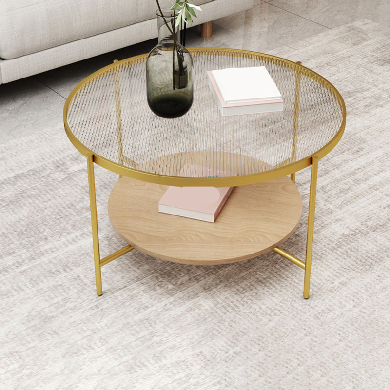 Round Glass Cross Legs Coffee Cocktail Table with Storage Shelf - 17.7" H Wood+Gold Clearhalo 'Coffee & Accent Tables' 'Coffee Tables' 'coffee_tables' 'furn' 'furn_coffee_tables' 'Furniture' 'Living Room Furniture' 6607638