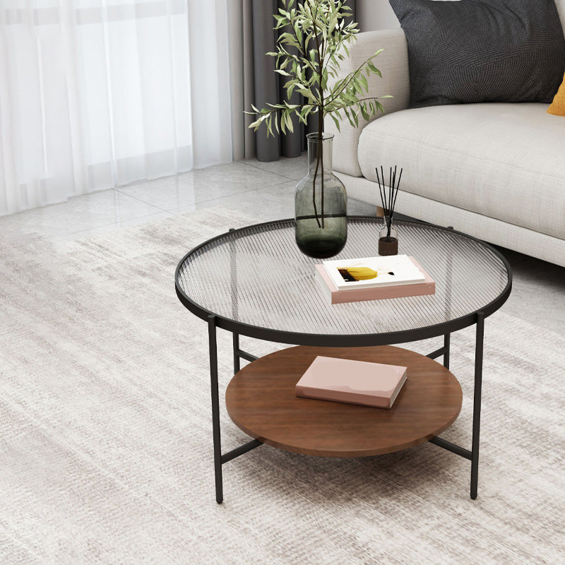Round Glass Cross Legs Coffee Cocktail Table with Storage Shelf - 17.7" H Walnut+Black Clearhalo 'Coffee & Accent Tables' 'Coffee Tables' 'coffee_tables' 'furn' 'furn_coffee_tables' 'Furniture' 'Living Room Furniture' 6607640