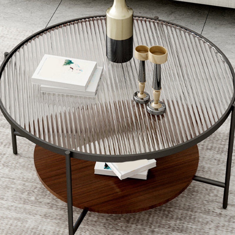 Round Glass Cross Legs Coffee Cocktail Table with Storage Shelf - 17.7" H Clearhalo 'Coffee & Accent Tables' 'Coffee Tables' 'coffee_tables' 'furn' 'furn_coffee_tables' 'Furniture' 'Living Room Furniture' 6607645