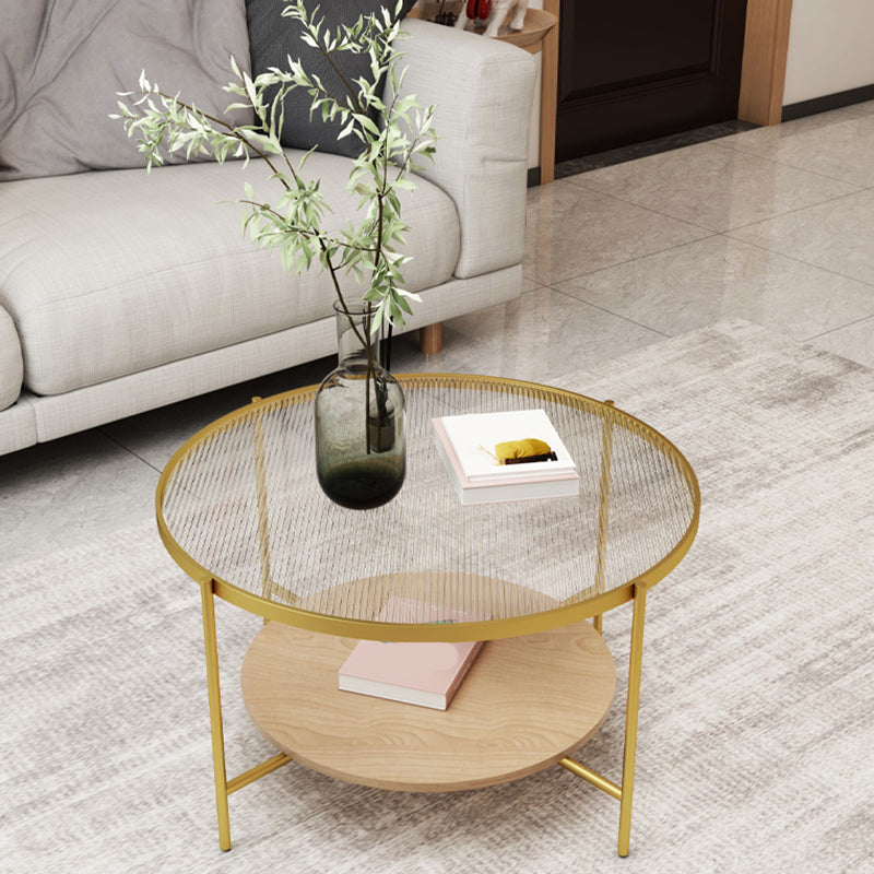 Round Glass Cross Legs Coffee Cocktail Table with Storage Shelf - 17.7" H Clearhalo 'Coffee & Accent Tables' 'Coffee Tables' 'coffee_tables' 'furn' 'furn_coffee_tables' 'Furniture' 'Living Room Furniture' 6607648