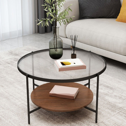 Round Glass Cross Legs Coffee Cocktail Table with Storage Shelf - 17.7" H Clearhalo 'Coffee & Accent Tables' 'Coffee Tables' 'coffee_tables' 'furn' 'furn_coffee_tables' 'Furniture' 'Living Room Furniture' 6607649
