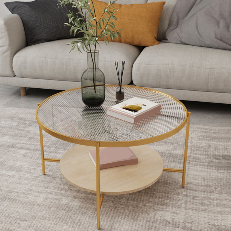 Round Glass Cross Legs Coffee Cocktail Table with Storage Shelf - 17.7" H Clearhalo 'Coffee & Accent Tables' 'Coffee Tables' 'coffee_tables' 'furn' 'furn_coffee_tables' 'Furniture' 'Living Room Furniture' 6607650