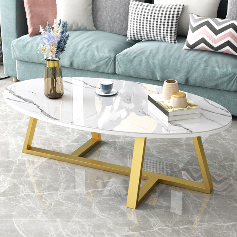 Glam Single Oval Coffee Table Cross Legs Coffee Cocktail Table White-Gray Gold Clearhalo 'Coffee & Accent Tables' 'Coffee Tables' 'coffee_tables' 'furn' 'furn_coffee_tables' 'Furniture' 'Living Room Furniture' 6607655