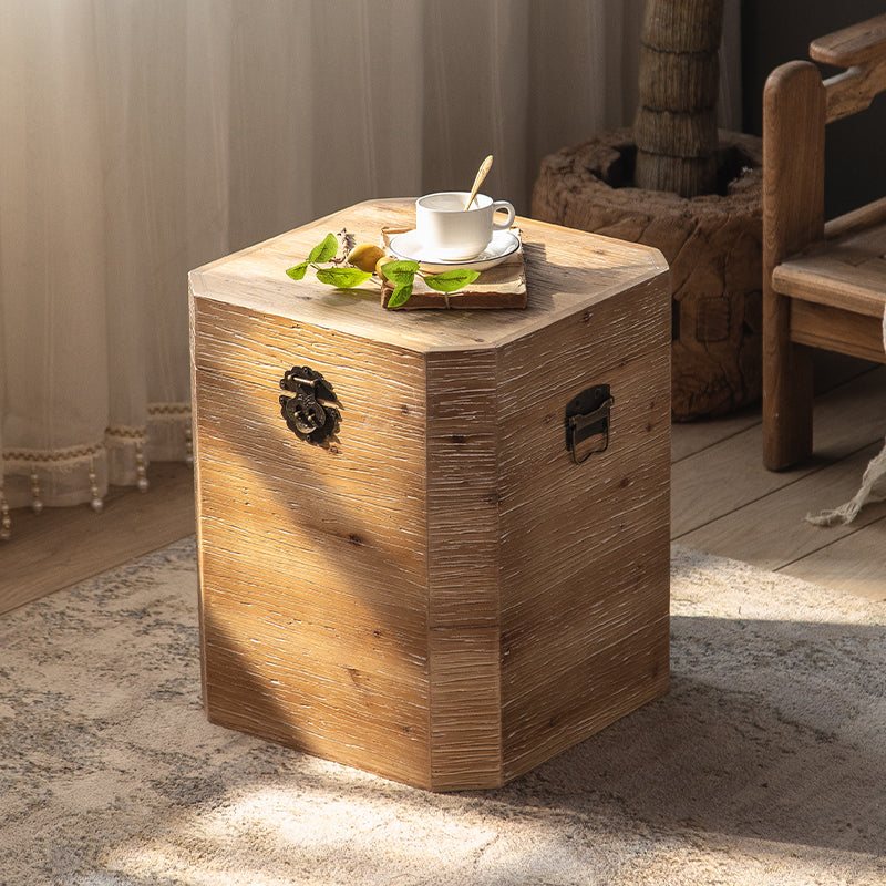 Solid Wood Drum Side Table Brown Side End Snack Table in Distressed Finish