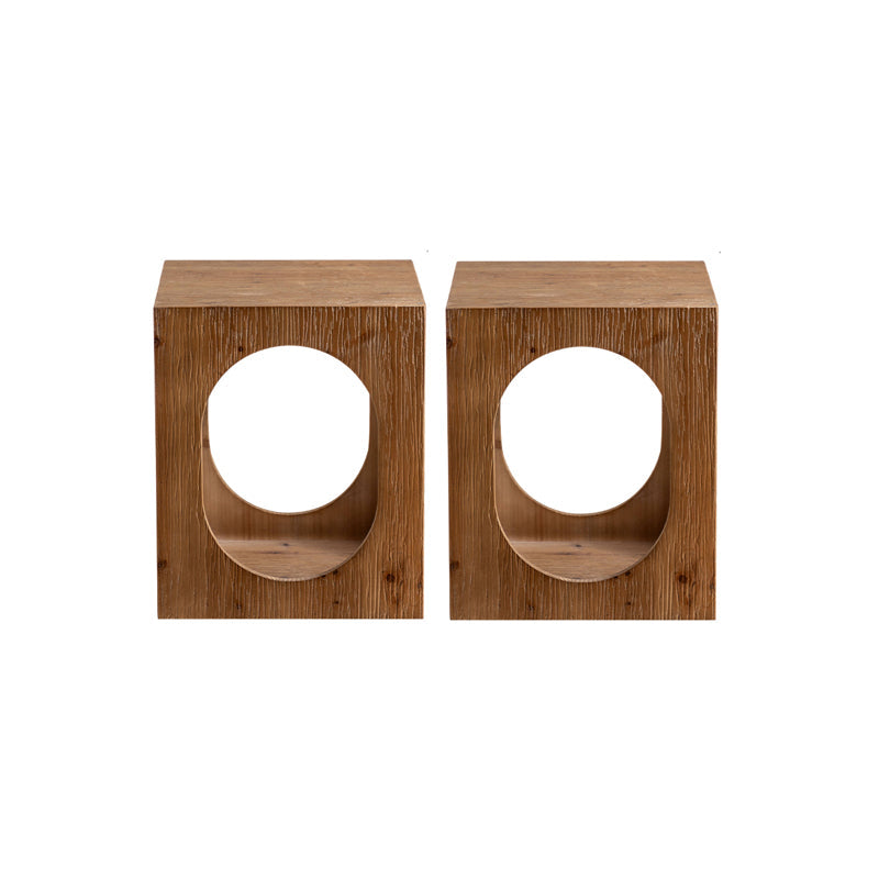 Solid Wood Drum Side Table Brown Side End Snack Table in Distressed Finish