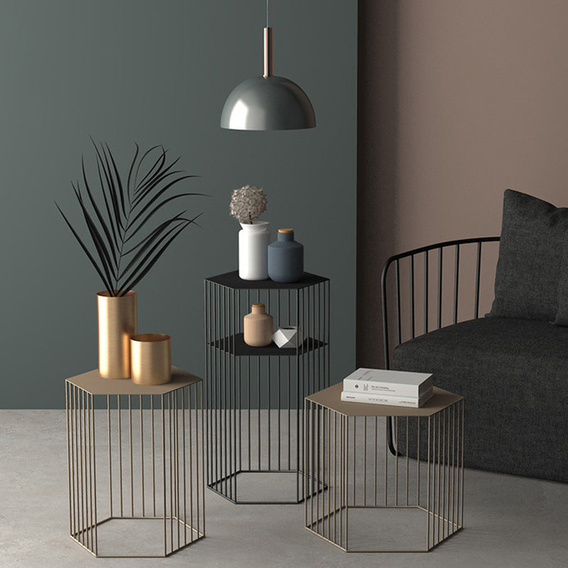 Frame Hexagon Metal End Table Set Simple Iron Sofa Side Accent Table with Storage Shelf Clearhalo 'Coffee & Accent Tables' 'End & Side Tables' 'end_side_tables' 'furn' 'furn_end_side_tables' 'Furniture' 'Living Room Furniture' 6609058