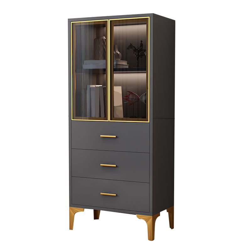 Glam Glass Door Server Wood Dinner Server Cabinet without LED Lights 24"L x 14"W x 55"H Grey-Gold Clearhalo 'buffet_sideboard' 'Buffets & Sideboards' 'furn' 'furn_buffet_sideboard' 'Furniture' 'Kitchen & Dining Furniture' 6609847