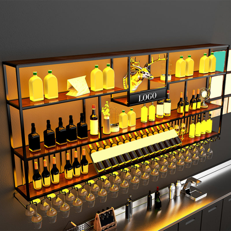 Kit de estante de vino montado en la pared estante de soporte de vino de metal y madera en negro y marrón