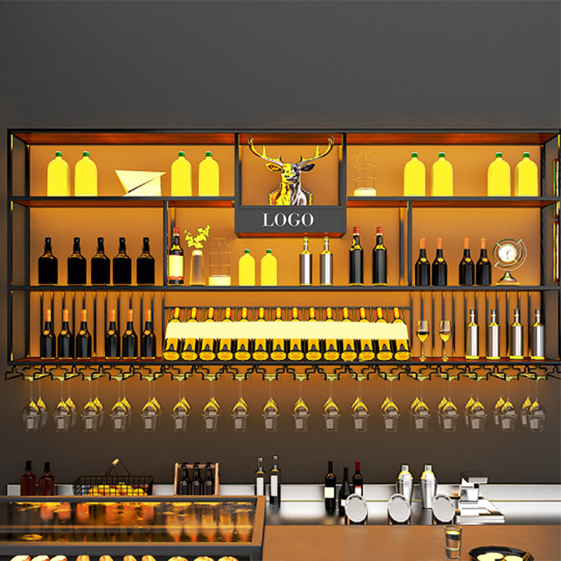 Kit de estante de vino montado en la pared estante de soporte de vino de metal y madera en negro y marrón