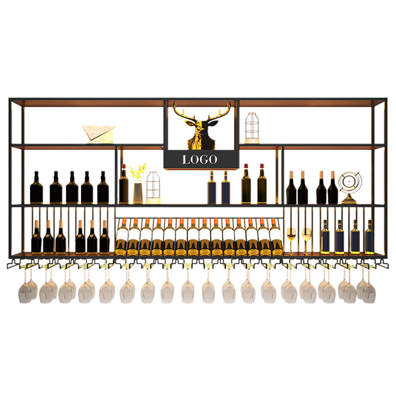 Kit de estante de vino montado en la pared estante de soporte de vino de metal y madera en negro y marrón