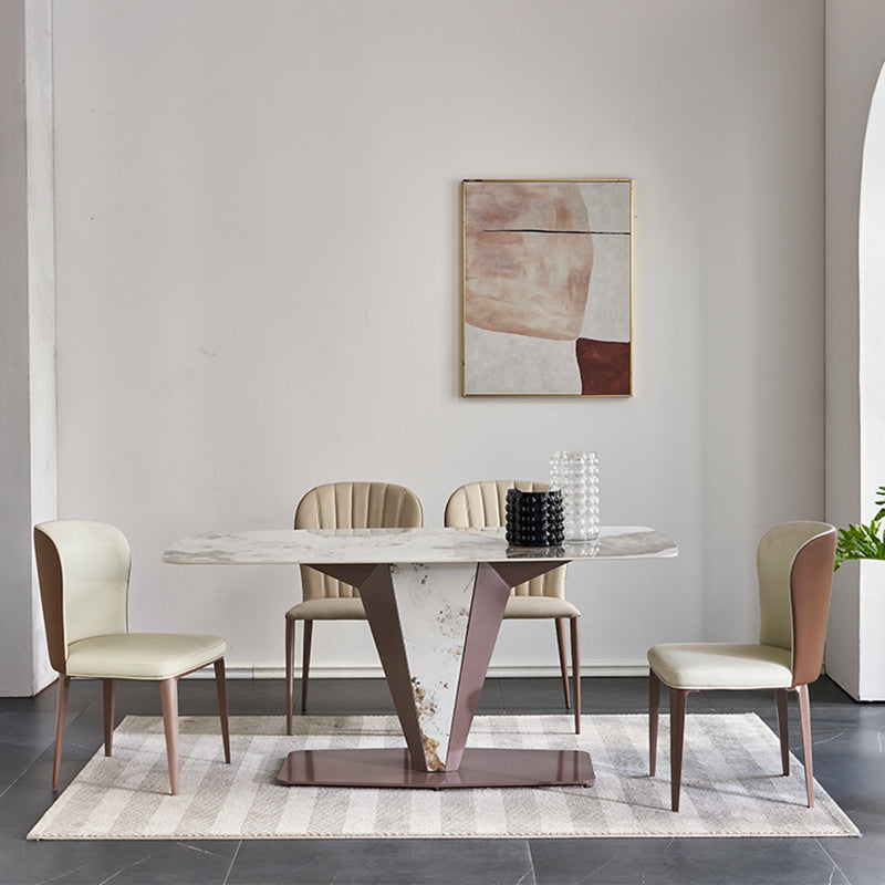 Glossy White Dining Table Set 1/4/5 Pieces Metal Base Table with Leather Chairs 5 Pieces: Table, 4 Chairs Clearhalo 'Dining Room Sets' 'Dining Tables & Seating' 'dining_room_set' 'furn' 'furn_dining_room_set' 'Furniture' 'Kitchen & Dining Furniture' 6612375