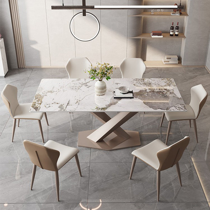 Glam Style Rectangle Table Set 1/2/5/7 Pieces Dining Set with Metal Legs 7 Pieces: Table, 6 Beige Chairs Clearhalo 'Dining Room Sets' 'Dining Tables & Seating' 'dining_room_set' 'furn' 'furn_dining_room_set' 'Furniture' 'Kitchen & Dining Furniture' 6612413