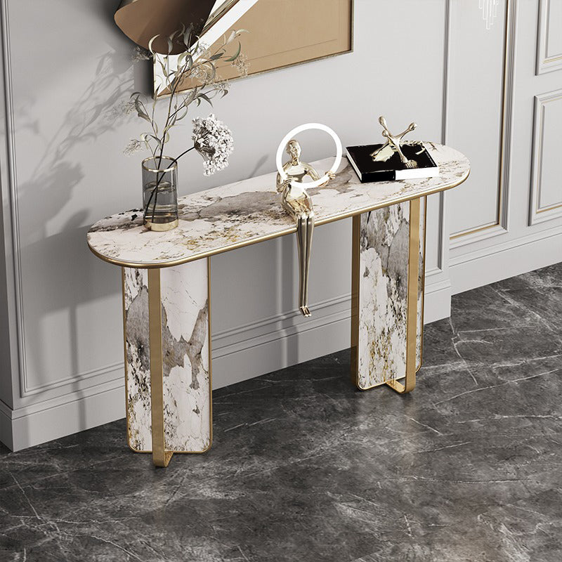 Stone Oval Console Table 33.46" Tall 1-shelf Accent Table for Hall 63"L x 14"W x 33"H Clearhalo 'Console Tables' 'console_tables' 'Entry & Mudroom Furniture' 'furn' 'furn_console_tables' 'Furniture' 6618405