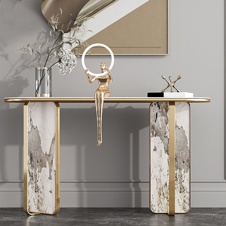 Stone Oval Console Table 33.46" Tall 1-shelf Accent Table for Hall 55"L x 14"W x 33"H Clearhalo 'Console Tables' 'console_tables' 'Entry & Mudroom Furniture' 'furn' 'furn_console_tables' 'Furniture' 6618406