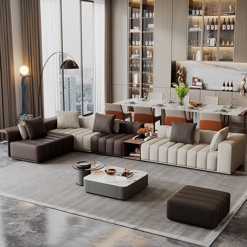 Genuine Leather Sofa with Pillows 24" H Square Arm Sofa in Beige and Brown Clearhalo 'furn' 'furn_sectionals' 'Furniture' 'Living Room Furniture' 'Sectionals' 6619885