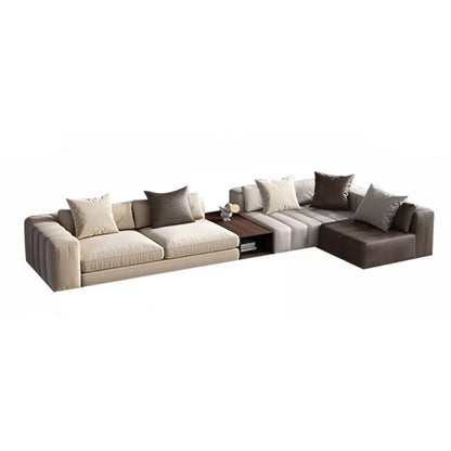 Genuine Leather Sofa with Pillows 24" H Square Arm Sofa in Beige and Brown Sofa 126"L x 71"W x 24"H Loose Back Clearhalo 'furn' 'furn_sectionals' 'Furniture' 'Living Room Furniture' 'Sectionals' 6619886