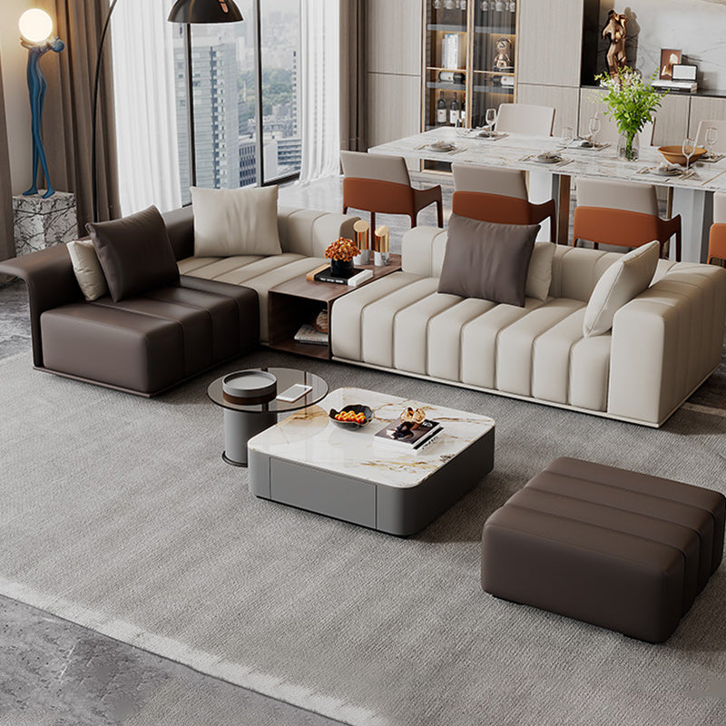 Genuine Leather Sofa with Pillows 24" H Square Arm Sofa in Beige and Brown Clearhalo 'furn' 'furn_sectionals' 'Furniture' 'Living Room Furniture' 'Sectionals' 6619887