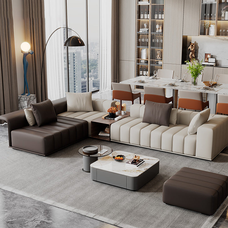 Genuine Leather Sofa with Pillows 24" H Square Arm Sofa in Beige and Brown Clearhalo 'furn' 'furn_sectionals' 'Furniture' 'Living Room Furniture' 'Sectionals' 6619890