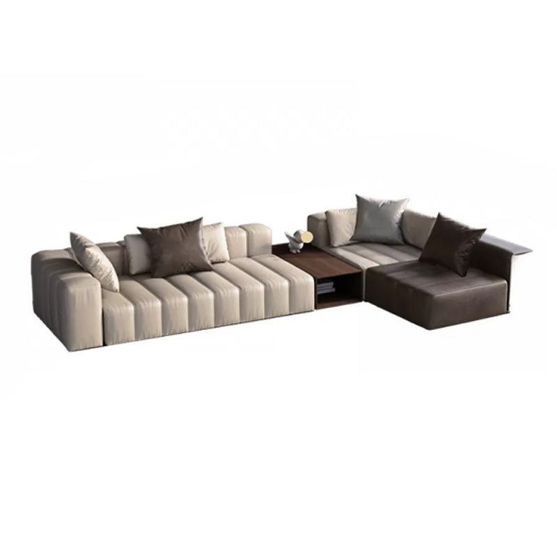 Genuine Leather Sofa with Pillows 24" H Square Arm Sofa in Beige and Brown Sofa 126"L x 71"W x 24"H Sewn Pillow Back Clearhalo 'furn' 'furn_sectionals' 'Furniture' 'Living Room Furniture' 'Sectionals' 6619891