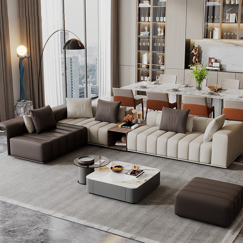 Genuine Leather Sofa with Pillows 24" H Square Arm Sofa in Beige and Brown Clearhalo 'furn' 'furn_sectionals' 'Furniture' 'Living Room Furniture' 'Sectionals' 6619892