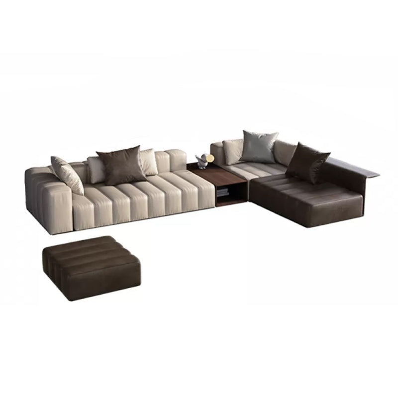 Genuine Leather Sofa with Pillows 24" H Square Arm Sofa in Beige and Brown Sofa with Ottoman 126"L x 87"W x 24"H Sewn Pillow Back Clearhalo 'furn' 'furn_sectionals' 'Furniture' 'Living Room Furniture' 'Sectionals' 6619893
