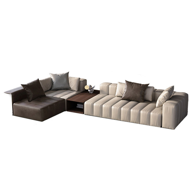 Genuine Leather Sofa with Pillows 24" H Square Arm Sofa in Beige and Brown Clearhalo 'furn' 'furn_sectionals' 'Furniture' 'Living Room Furniture' 'Sectionals' 6619894