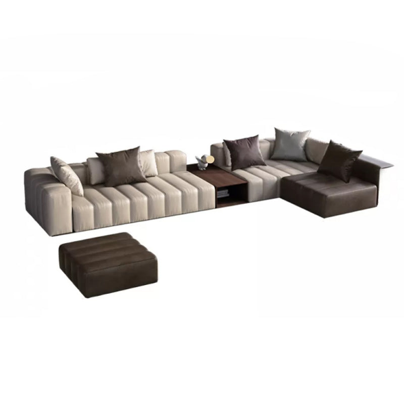 Genuine Leather Sofa with Pillows 24" H Square Arm Sofa in Beige and Brown Sofa with Ottoman 142"L x 71"W x 24"H Sewn Pillow Back Clearhalo 'furn' 'furn_sectionals' 'Furniture' 'Living Room Furniture' 'Sectionals' 6619897