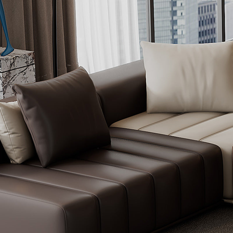 Genuine Leather Sofa with Pillows 24" H Square Arm Sofa in Beige and Brown Clearhalo 'furn' 'furn_sectionals' 'Furniture' 'Living Room Furniture' 'Sectionals' 6619898