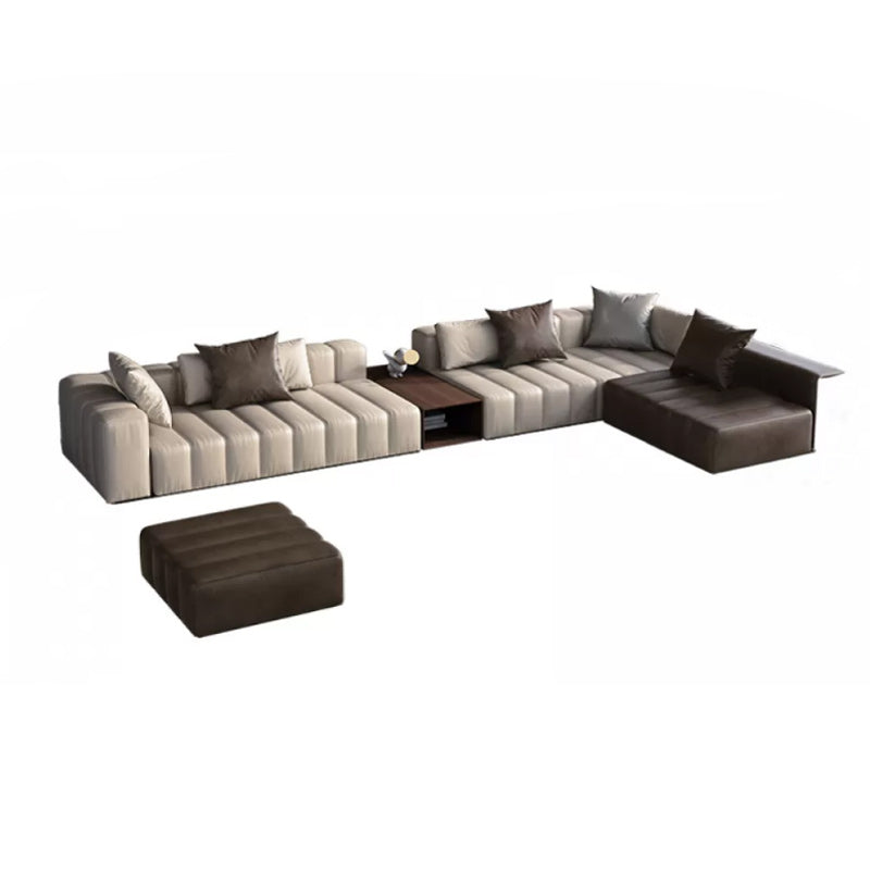 Genuine Leather Sofa with Pillows 24" H Square Arm Sofa in Beige and Brown Sofa with Ottoman 157"L x 87"W x 24"H Sewn Pillow Back Clearhalo 'furn' 'furn_sectionals' 'Furniture' 'Living Room Furniture' 'Sectionals' 6619899