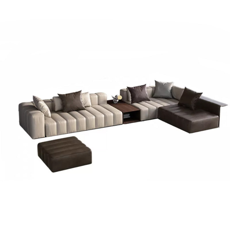 Genuine Leather Sofa with Pillows 24" H Square Arm Sofa in Beige and Brown Sofa with Ottoman 142"L x 87"W x 24"H Sewn Pillow Back Clearhalo 'furn' 'furn_sectionals' 'Furniture' 'Living Room Furniture' 'Sectionals' 6619904