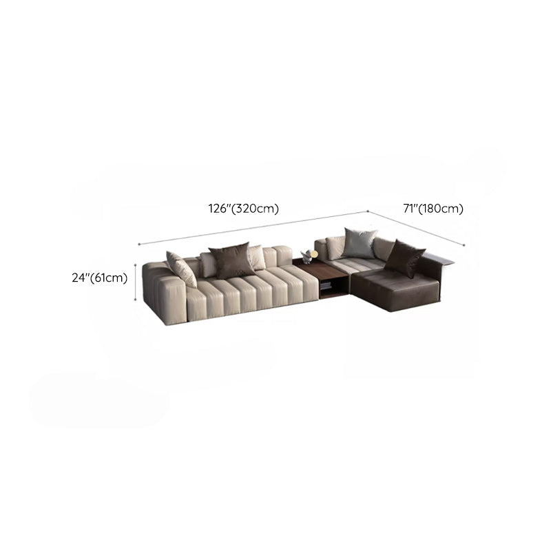 Genuine Leather Sofa with Pillows 24" H Square Arm Sofa in Beige and Brown Clearhalo 'furn' 'furn_sectionals' 'Furniture' 'Living Room Furniture' 'Sectionals' 6619905