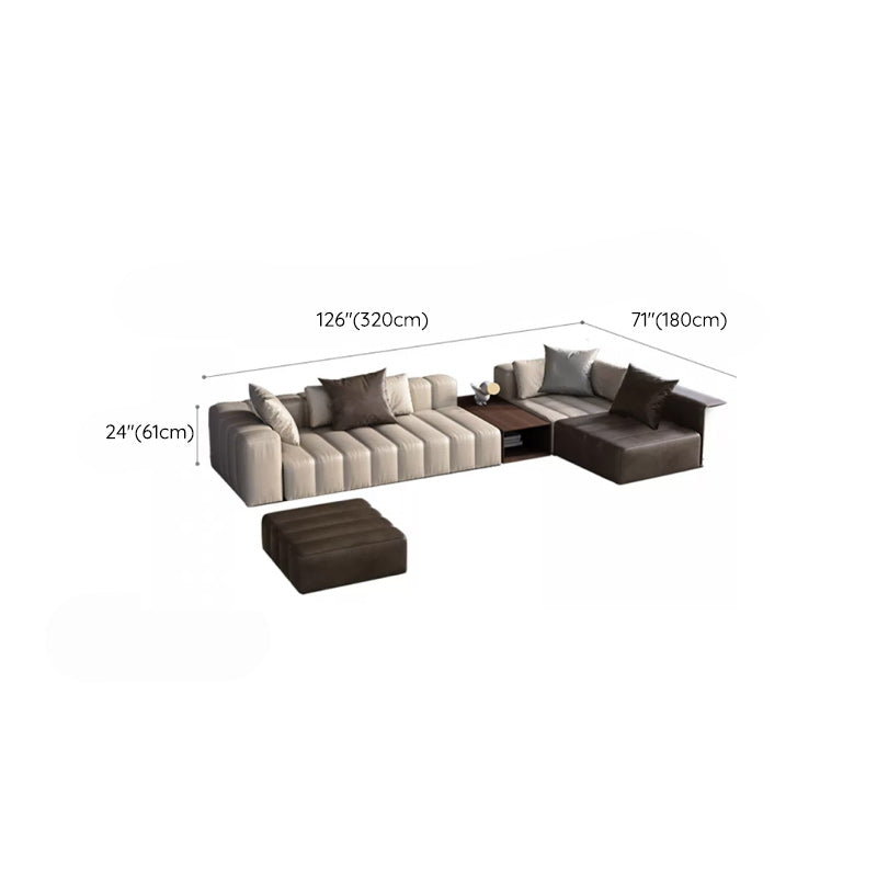 Genuine Leather Sofa with Pillows 24" H Square Arm Sofa in Beige and Brown Clearhalo 'furn' 'furn_sectionals' 'Furniture' 'Living Room Furniture' 'Sectionals' 6619906