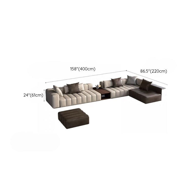 Genuine Leather Sofa with Pillows 24" H Square Arm Sofa in Beige and Brown Clearhalo 'furn' 'furn_sectionals' 'Furniture' 'Living Room Furniture' 'Sectionals' 6619909