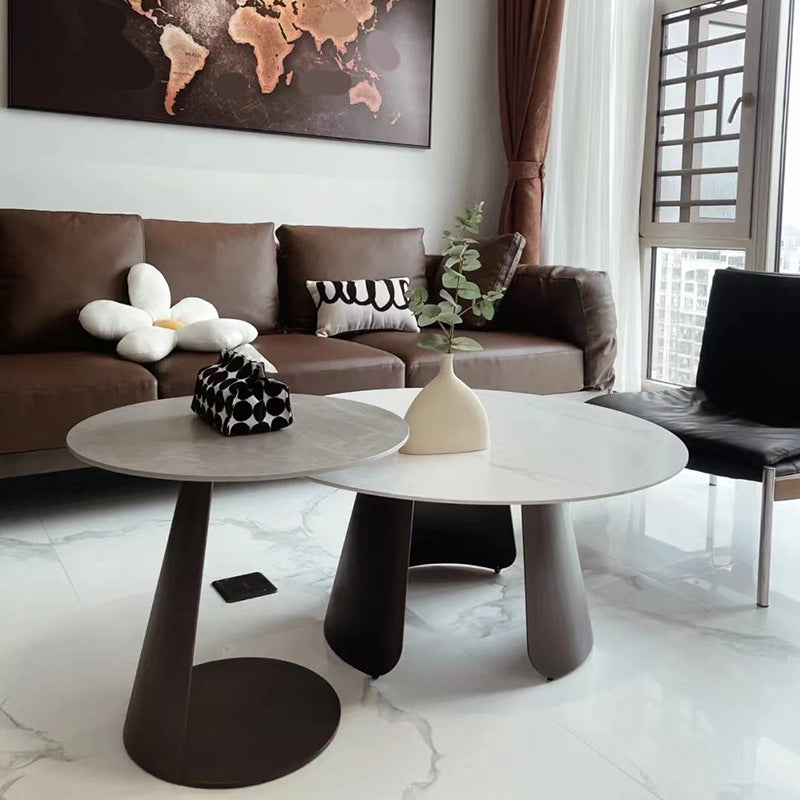 2-Piece Slate Round Coffee Table Set Modern White Simple Cocktail Table Clearhalo 'Coffee & Accent Tables' 'Coffee Tables' 'coffee_tables' 'furn' 'furn_coffee_tables' 'Furniture' 'Living Room Furniture' 6620089