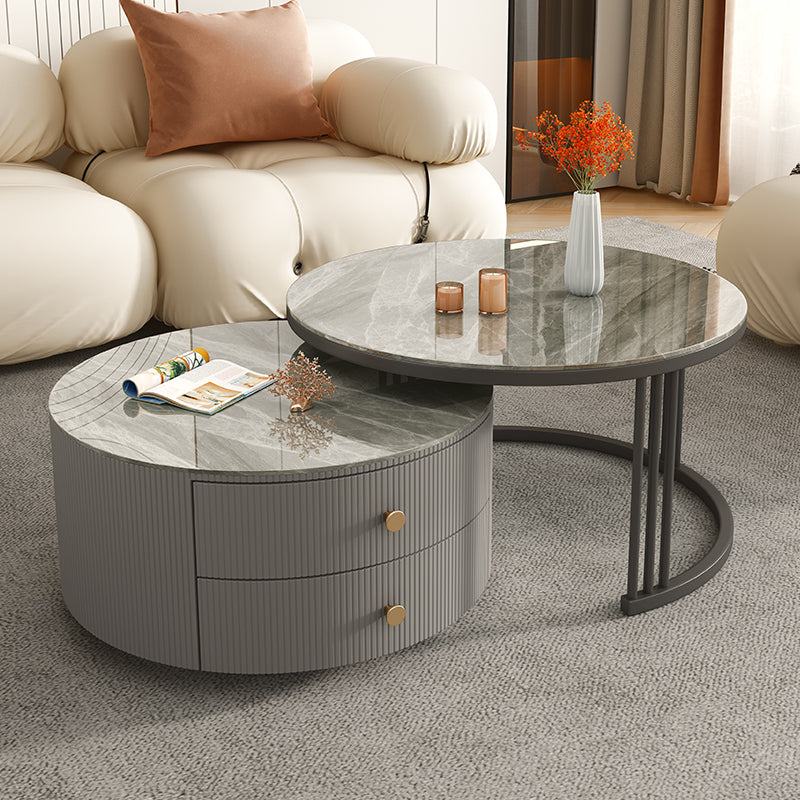 Frame Round Glam Coffee Table Slate Nesting Coffee Table Set Grey Black Clearhalo 'Coffee & Accent Tables' 'Coffee Tables' 'coffee_tables' 'furn' 'furn_coffee_tables' 'Furniture' 'Living Room Furniture' 6620155