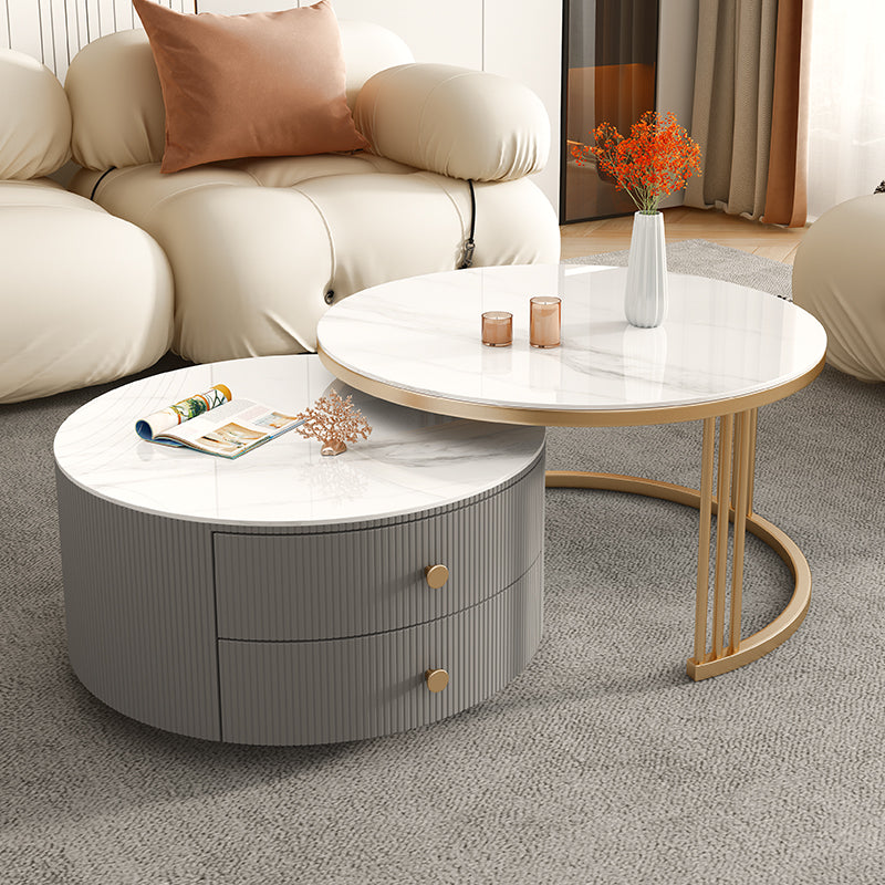 Frame Round Glam Coffee Table Slate Nesting Coffee Table Set Ivory Gold Clearhalo 'Coffee & Accent Tables' 'Coffee Tables' 'coffee_tables' 'furn' 'furn_coffee_tables' 'Furniture' 'Living Room Furniture' 6620167