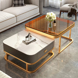 Modern Metal Frame Cocktail Table Square Glass / Slate Coffee Table with Drawer