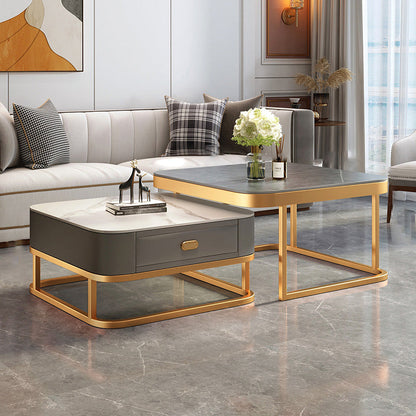 Modern Metal Frame Cocktail Table Square Glass / Slate Coffee Table with Drawer 28"L x 28"W x 18"H + 24"L x 24"W x 15"H Gold Grey White Clearhalo 'Coffee & Accent Tables' 'Coffee Tables' 'coffee_tables' 'furn' 'furn_coffee_tables' 'Furniture' 'Living Room Furniture' 6620198