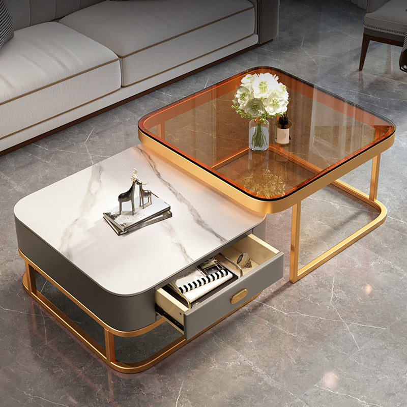 Modern Metal Frame Cocktail Table Square Glass / Slate Coffee Table with Drawer Clearhalo 'Coffee & Accent Tables' 'Coffee Tables' 'coffee_tables' 'furn' 'furn_coffee_tables' 'Furniture' 'Living Room Furniture' 6620199