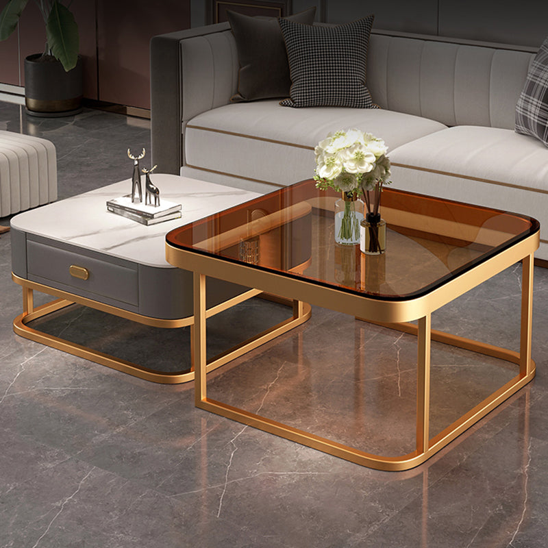 Modern Metal Frame Cocktail Table Square Glass / Slate Coffee Table with Drawer Clearhalo 'Coffee & Accent Tables' 'Coffee Tables' 'coffee_tables' 'furn' 'furn_coffee_tables' 'Furniture' 'Living Room Furniture' 6620202