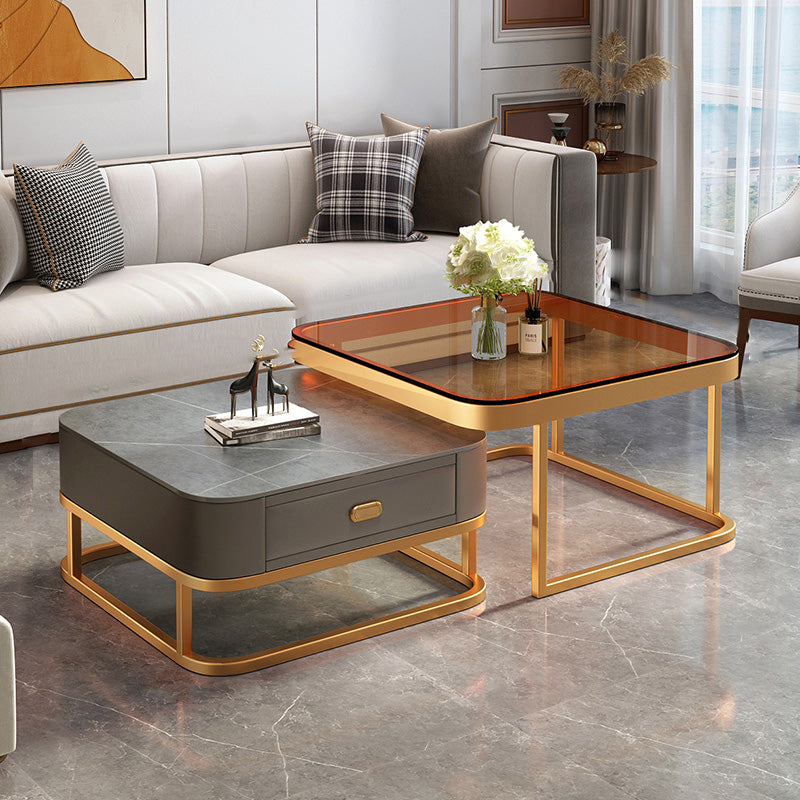 Modern Metal Frame Cocktail Table Square Glass / Slate Coffee Table with Drawer 28"L x 28"W x 18"H + 24"L x 24"W x 15"H Gold Brown Gray Clearhalo 'Coffee & Accent Tables' 'Coffee Tables' 'coffee_tables' 'furn' 'furn_coffee_tables' 'Furniture' 'Living Room Furniture' 6620207