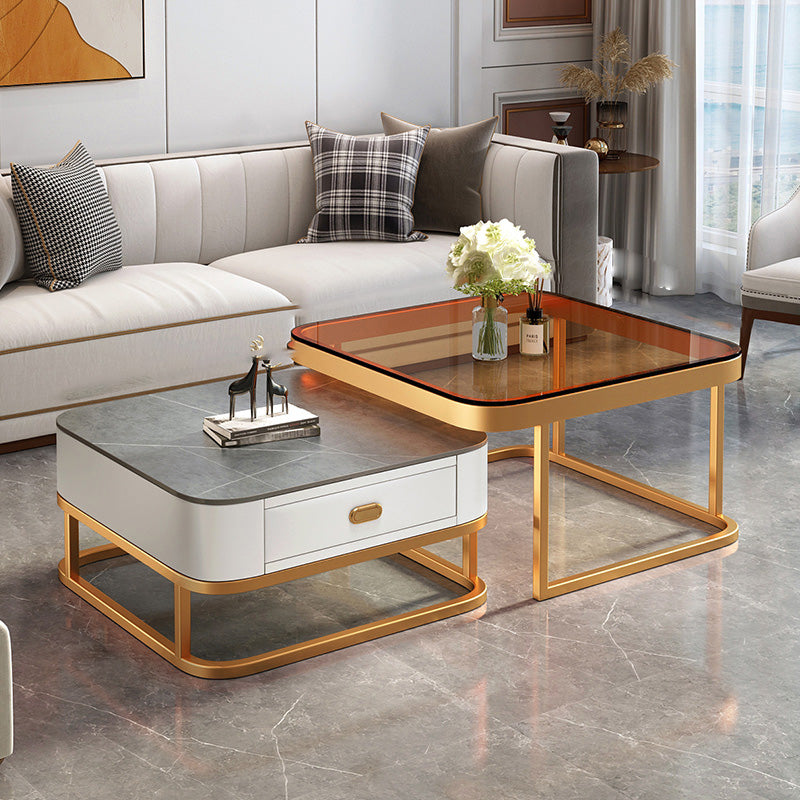 Modern Metal Frame Cocktail Table Square Glass / Slate Coffee Table with Drawer 28"L x 28"W x 18"H + 24"L x 24"W x 15"H Gold White Grey Brown Clearhalo 'Coffee & Accent Tables' 'Coffee Tables' 'coffee_tables' 'furn' 'furn_coffee_tables' 'Furniture' 'Living Room Furniture' 6620211