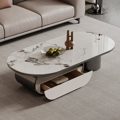 Elliptical Slate Top Coffee Table 1 -shelf Glam Cocktail Table with 1 - Drawer