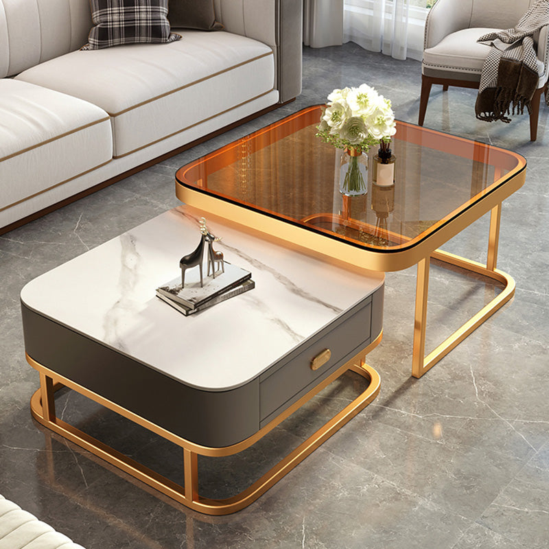 Glam Square Glass / Slate Coffee Table Metal Frame Cocktail Table with Drawer Clearhalo 'Coffee & Accent Tables' 'Coffee Tables' 'coffee_tables' 'furn' 'furn_coffee_tables' 'Furniture' 'Living Room Furniture' 6620353