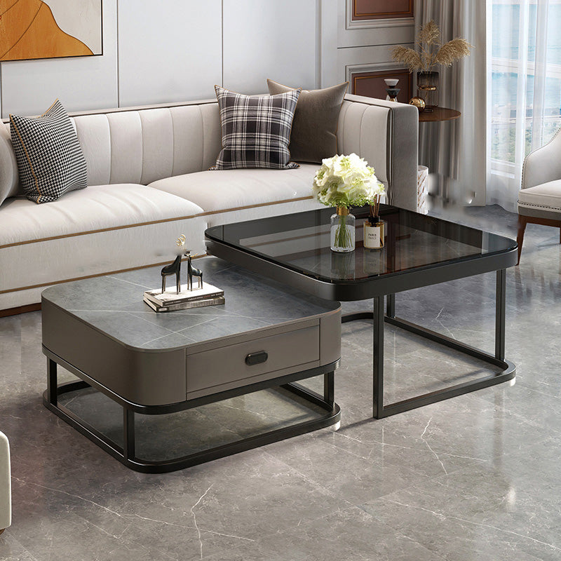 Glam Square Glass / Slate Coffee Table Metal Frame Cocktail Table with Drawer 28"L x 28"W x 18"H + 24"L x 24"W x 15"H Black Black Grey Clearhalo 'Coffee & Accent Tables' 'Coffee Tables' 'coffee_tables' 'furn' 'furn_coffee_tables' 'Furniture' 'Living Room Furniture' 6620357