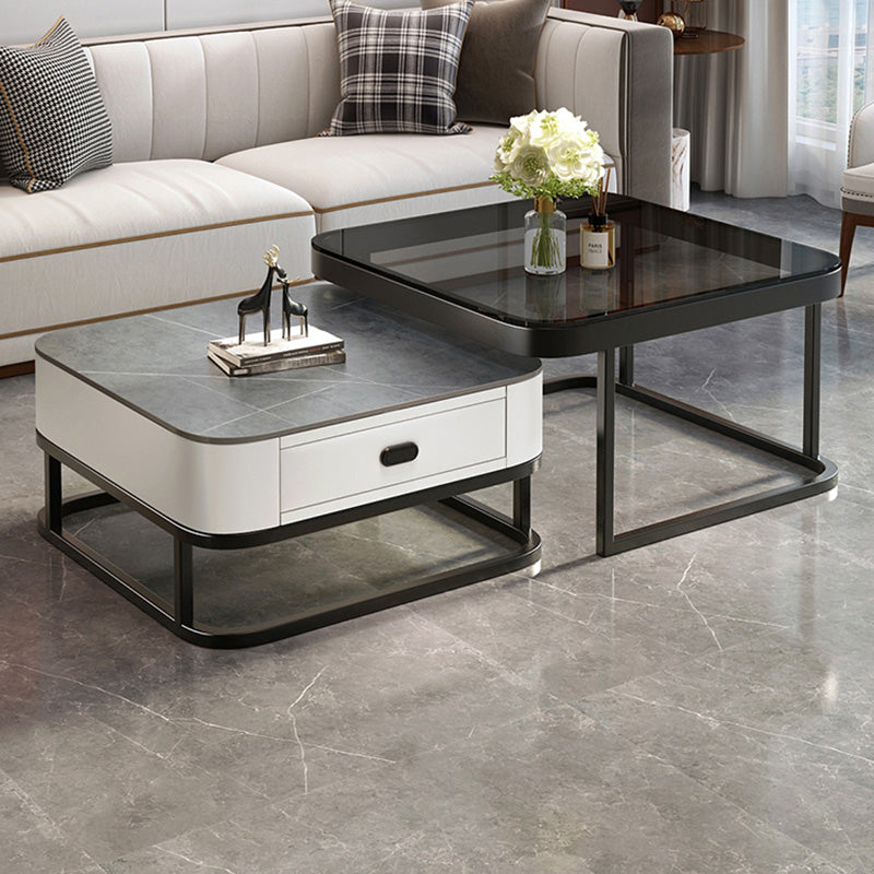 Glam Square Glass / Slate Coffee Table Metal Frame Cocktail Table with Drawer Clearhalo 'Coffee & Accent Tables' 'Coffee Tables' 'coffee_tables' 'furn' 'furn_coffee_tables' 'Furniture' 'Living Room Furniture' 6620358