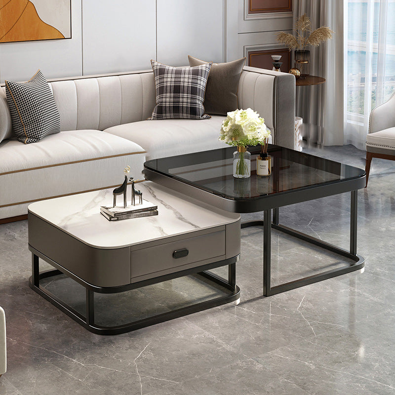 Glam Square Glass / Slate Coffee Table Metal Frame Cocktail Table with Drawer 28"L x 28"W x 18"H + 24"L x 24"W x 15"H Black Grey White Black Clearhalo 'Coffee & Accent Tables' 'Coffee Tables' 'coffee_tables' 'furn' 'furn_coffee_tables' 'Furniture' 'Living Room Furniture' 6620359