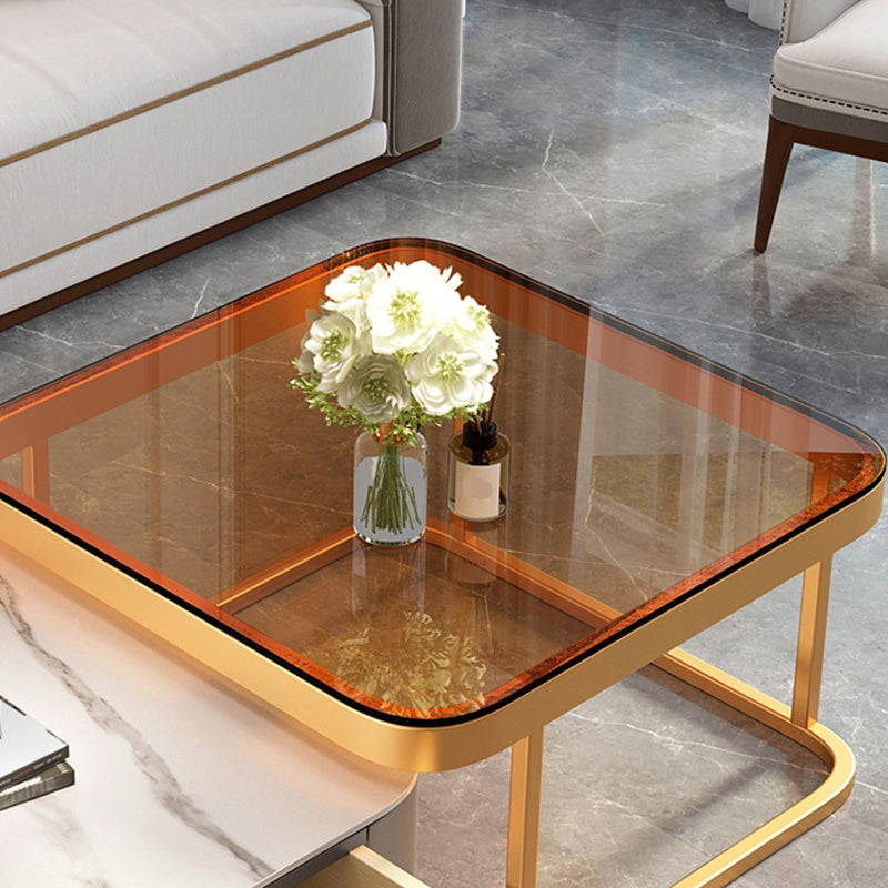 Glam Square Glass / Slate Coffee Table Metal Frame Cocktail Table with Drawer Clearhalo 'Coffee & Accent Tables' 'Coffee Tables' 'coffee_tables' 'furn' 'furn_coffee_tables' 'Furniture' 'Living Room Furniture' 6620368