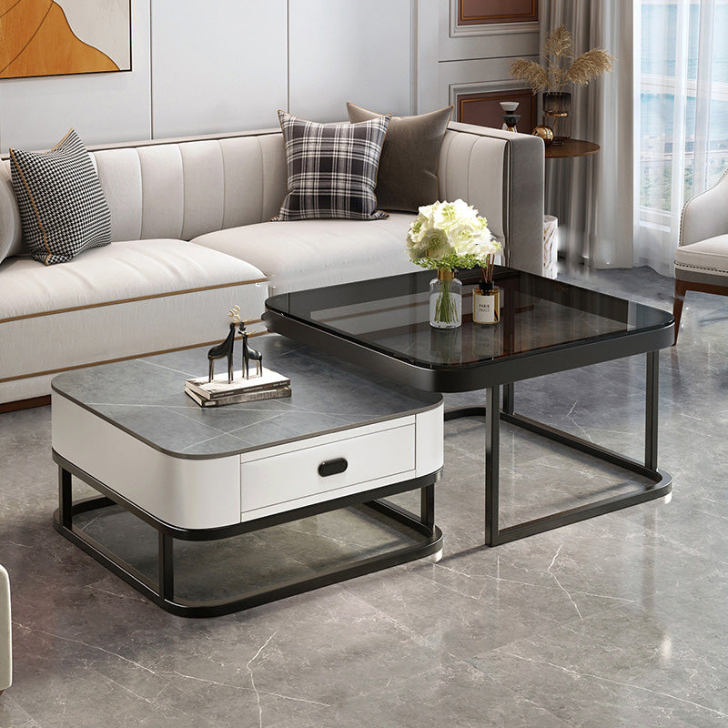 Glam Square Glass / Slate Coffee Table Metal Frame Cocktail Table with Drawer 28"L x 28"W x 18"H + 24"L x 24"W x 15"H Black Black White Gray Clearhalo 'Coffee & Accent Tables' 'Coffee Tables' 'coffee_tables' 'furn' 'furn_coffee_tables' 'Furniture' 'Living Room Furniture' 6620369