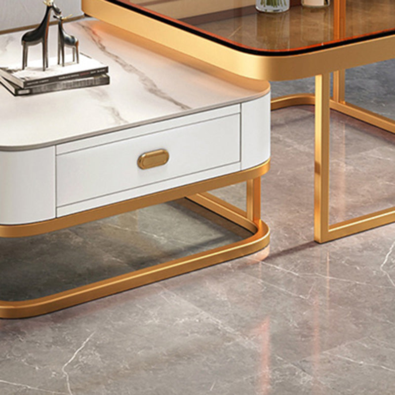 Glam Square Glass / Slate Coffee Table Metal Frame Cocktail Table with Drawer Clearhalo 'Coffee & Accent Tables' 'Coffee Tables' 'coffee_tables' 'furn' 'furn_coffee_tables' 'Furniture' 'Living Room Furniture' 6620371